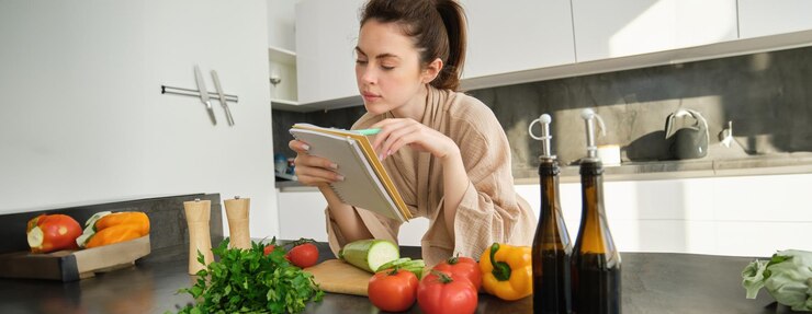 Foto gratuito retrato de una mujer revisando la lista de compras mirando verduras sosteniendo una receta de lectura de cuaderno mientras