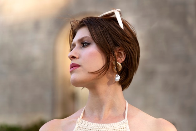 Foto gratuita retrato de mujer rica al aire libre con elegante vestido y gafas de sol