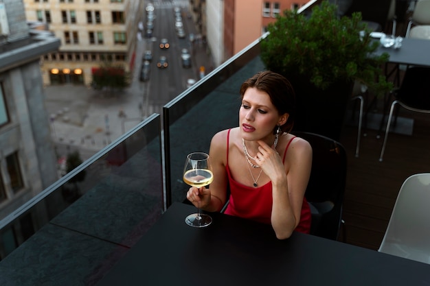 Retrato de mujer rica bebiendo vino al aire libre
