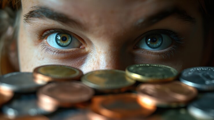 Foto gratuito retrato de una mujer rodeada de dinero