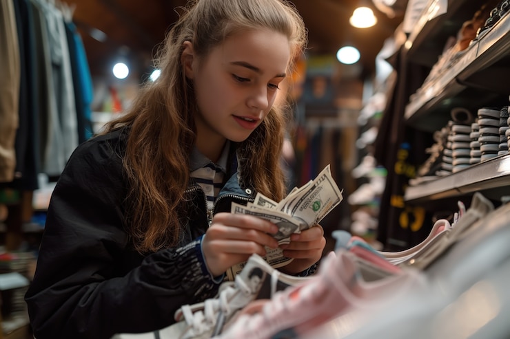 Foto gratuito retrato de una mujer rodeada de dinero