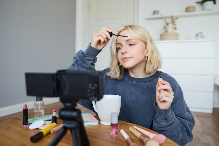 Foto gratuito retrato de una mujer rubia sonriente registra un vlogger de blog de estilo de vida o un artista de maquillaje grabando un video