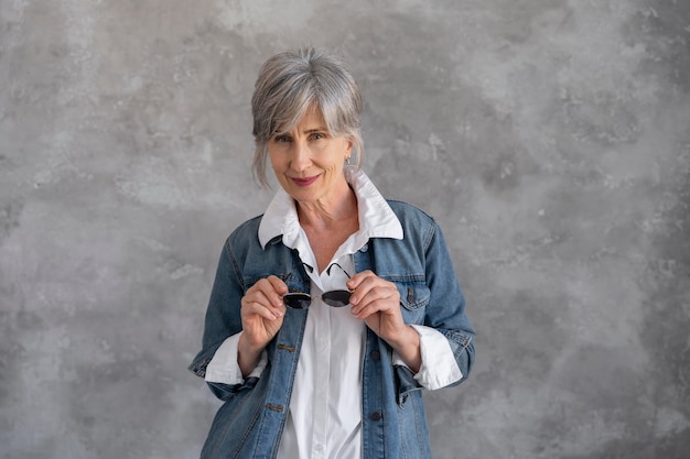 Foto gratuita retrato de mujer senior sonriente con gafas de sol