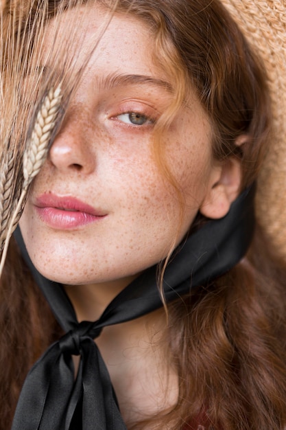 Foto gratuita retrato, de, mujer, con, sombrero de paja, primer plano