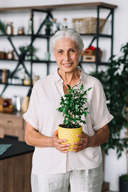 Foto gratuita retrato de una mujer sonriente que sostiene la planta de tiesto amarilla en manos