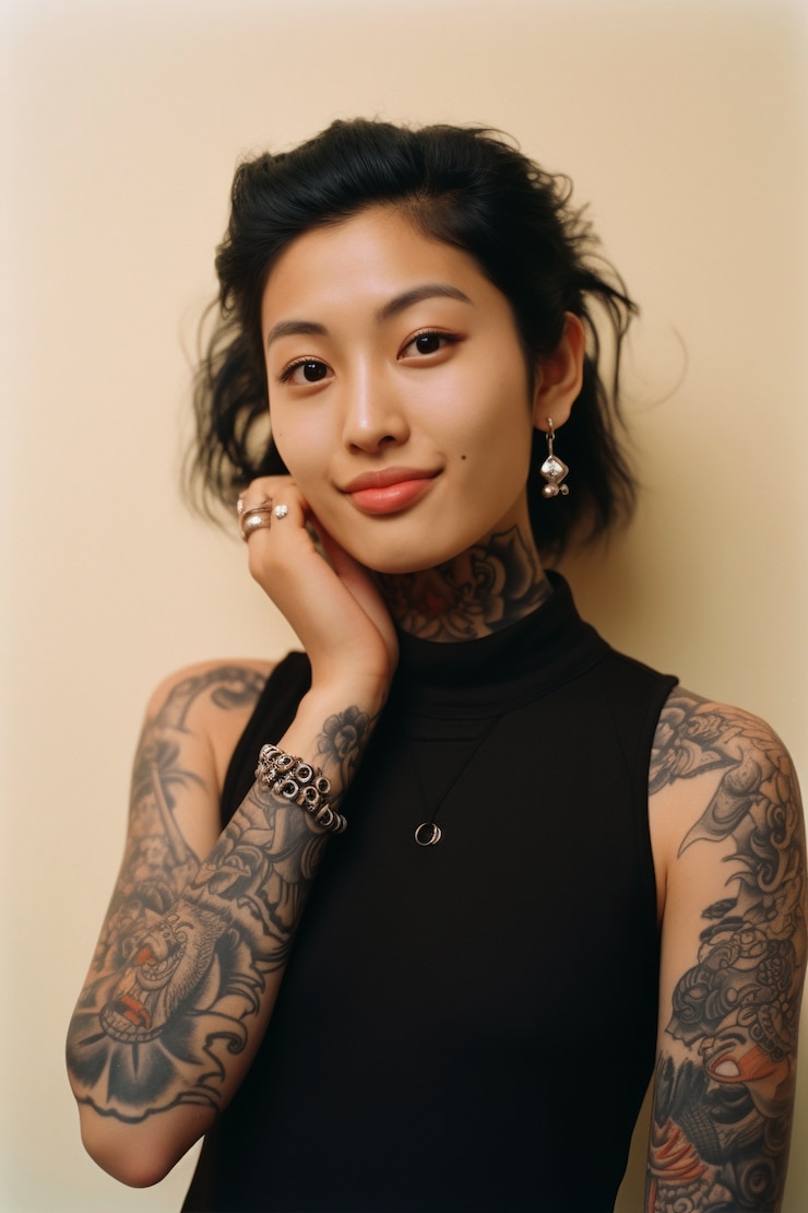 Retrato de mujer con tatuajes en el cuerpo.