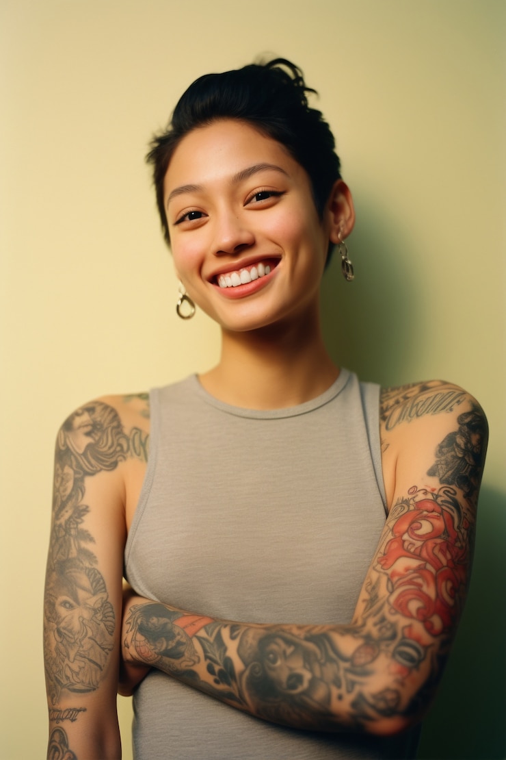 Retrato de mujer con tatuajes en el cuerpo.