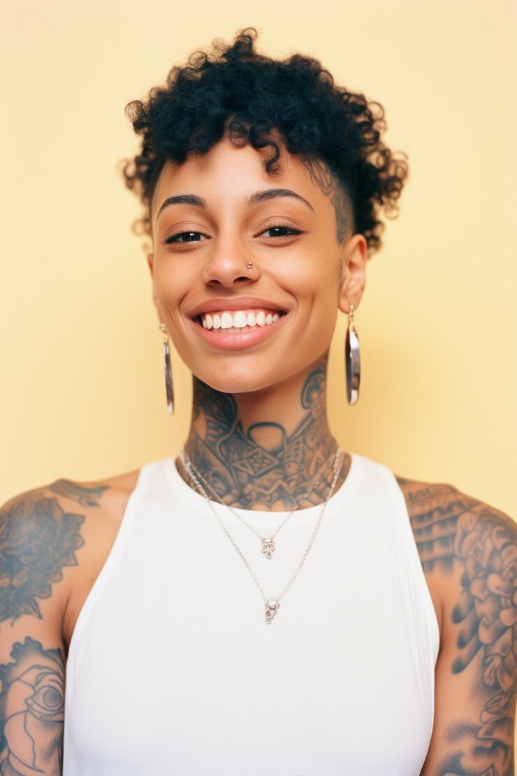 Retrato de mujer con tatuajes en el cuerpo.