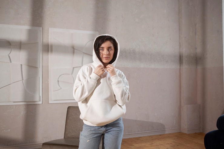 Foto gratuito retrato de mujer de tiro medio con capucha blanca