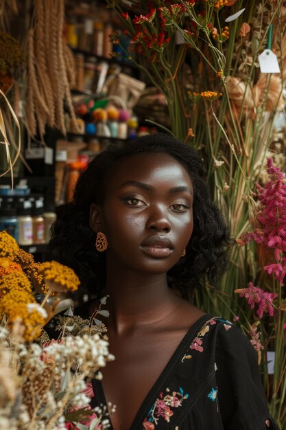 Foto gratuita retrato de una mujer trabajando en una tienda de flores secas