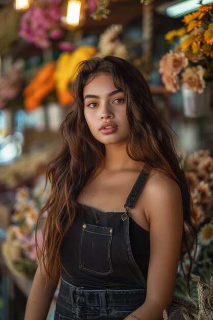 Retrato de una mujer trabajando en una tienda de flores secas