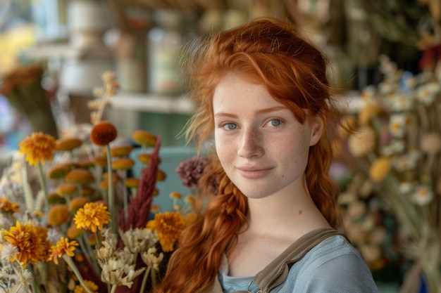 Retrato de una mujer trabajando en una tienda de flores secas