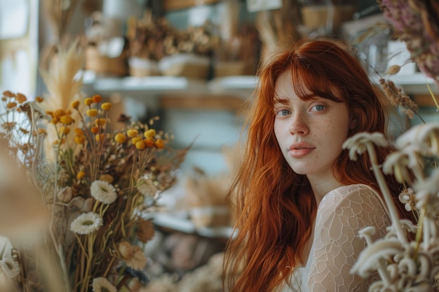 Retrato de una mujer trabajando en una tienda de flores secas