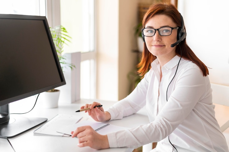 Foto gratuito retrato de una mujer en el trabajo haciendo una llamada de video