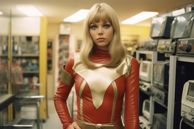 Retrato de mujer con traje de superhéroe en tienda de electrodomésticos