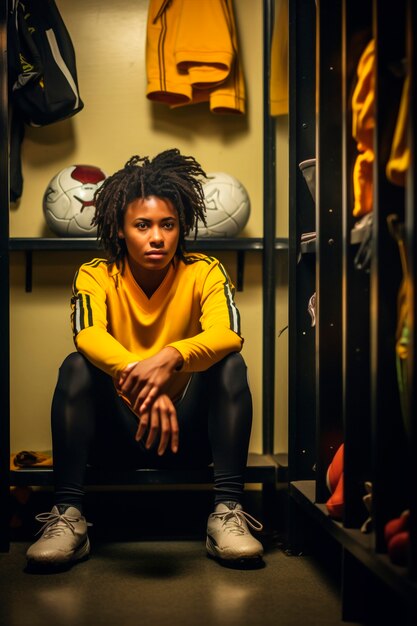 Retrato de mujer vestida con traje de fútbol