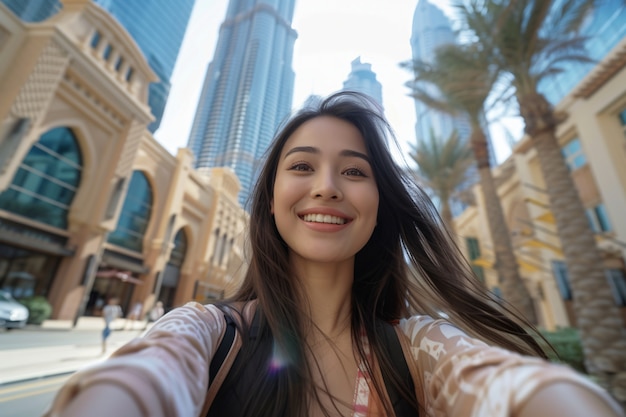 Foto gratuita retrato de una mujer visitando la lujosa ciudad de dubái