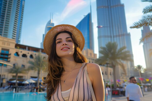 Retrato de una mujer visitando la lujosa ciudad de Dubái