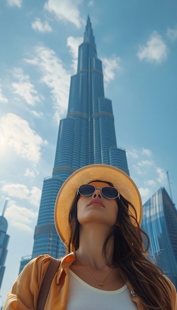 Retrato de una mujer visitando la lujosa ciudad de Dubái