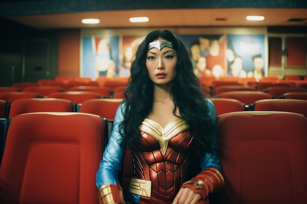 Retrato de mujer vistiendo un traje de superhéroe genial