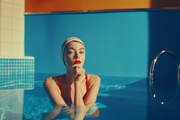Retrato de una nadadora con una estética retro inspirada en los años 80