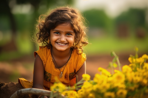 Retrato de una niña en el campo de flores