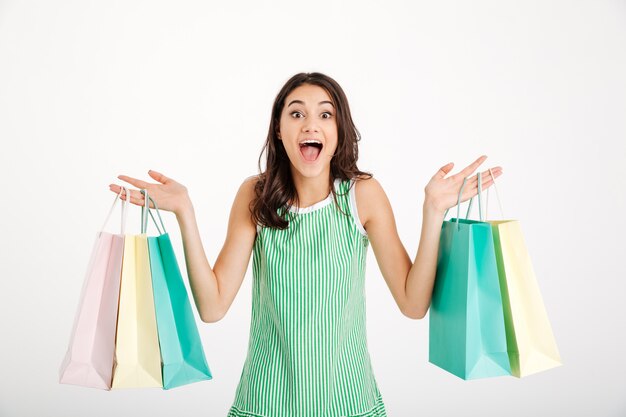 Retrato de una niña feliz en vestido con bolsas de compras