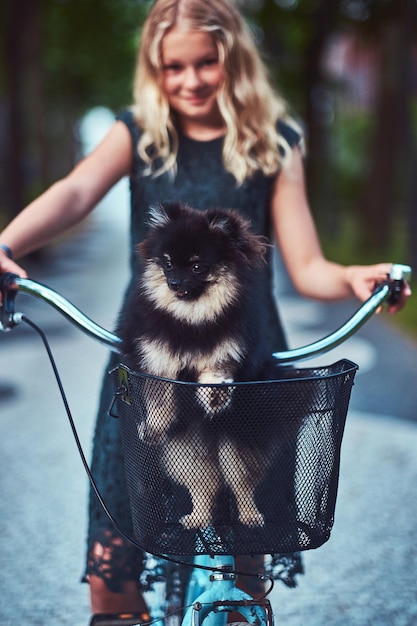 Retrato de una niña rubia sonriente con un vestido informal, sostiene un lindo perro spitz. Andar en bicicleta en un parque.