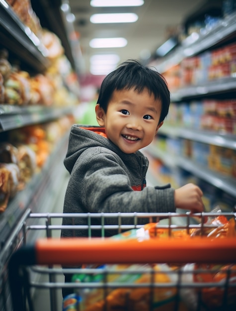 Retrato de un niño asiático en un supermercado
