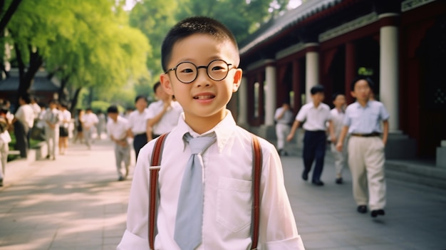 Retrato de un niño asiático en uniforme