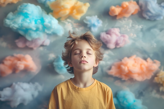 Foto gratuita retrato de un niño autista en un mundo de fantasía