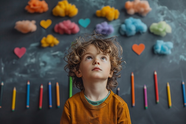 Foto gratuita retrato de un niño autista en un mundo de fantasía