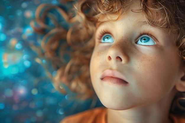 Foto gratuita retrato de un niño autista en un mundo de fantasía