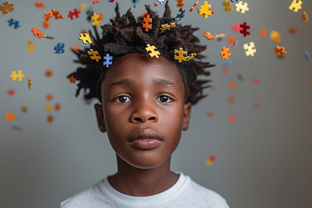 Foto gratuita retrato de un niño autista en un mundo de fantasía