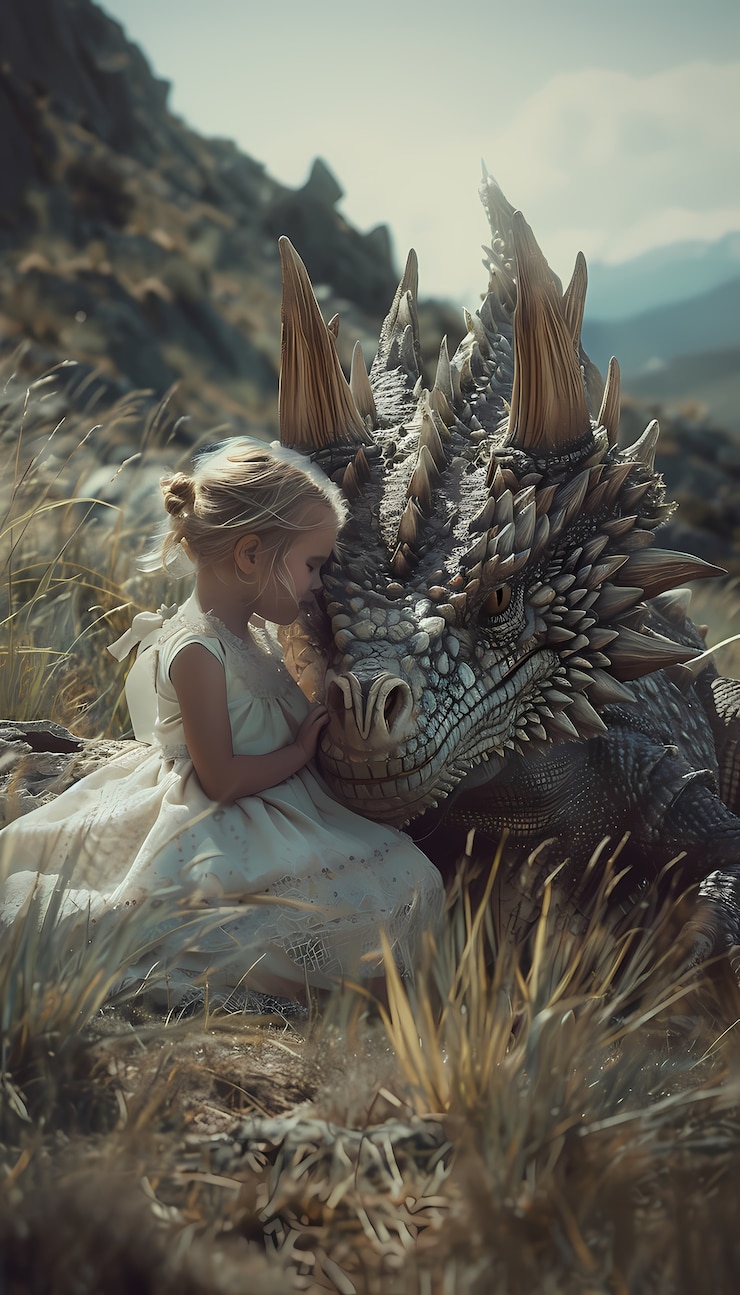 Foto gratuito retrato de un niño con un dragón de fantasía