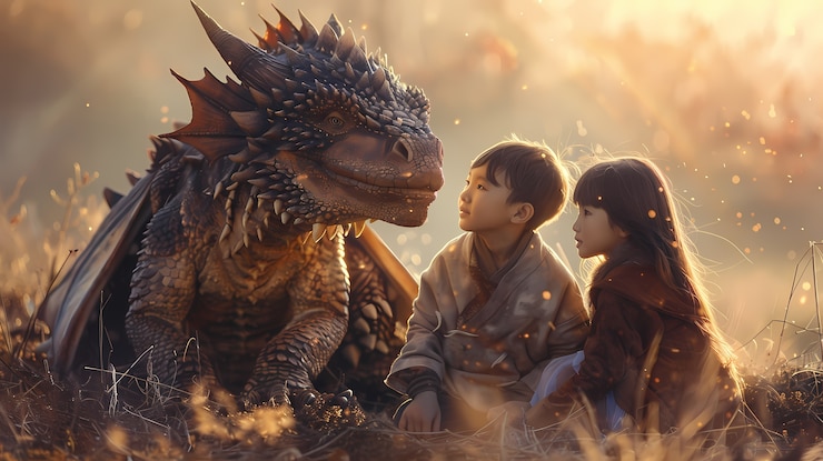 Foto gratuito retrato de un niño con un dragón de fantasía