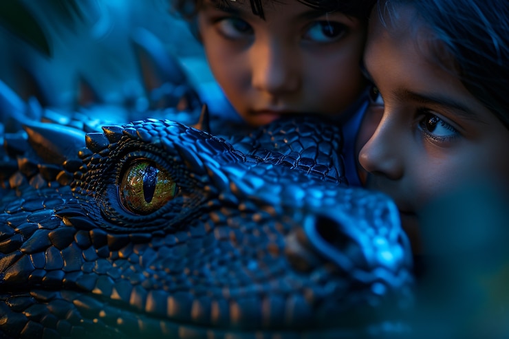 Foto gratuito retrato de un niño con un dragón de fantasía