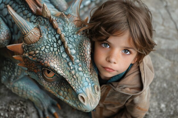 Retrato de un niño con un dragón de fantasía