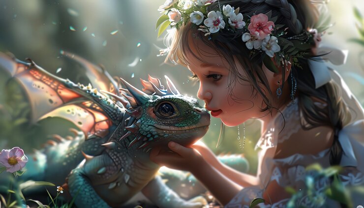 Foto gratuito retrato de un niño con un dragón de fantasía