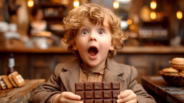 Retrato de un niño feliz comiendo un delicioso chocolate