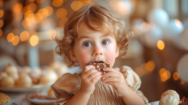 Retrato de un niño feliz comiendo un delicioso chocolate