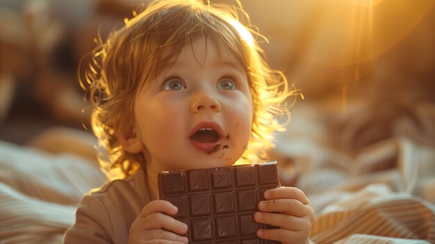 Retrato de un niño feliz comiendo un delicioso chocolate