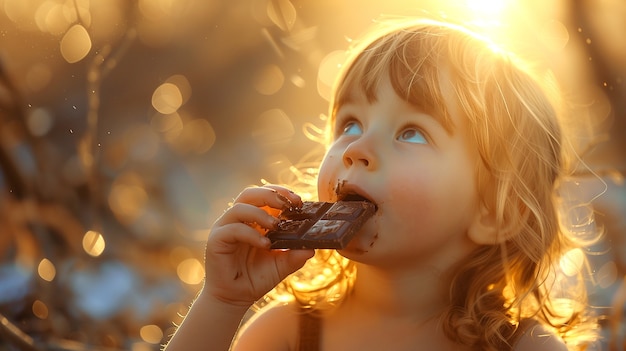 Retrato de un niño feliz comiendo un delicioso chocolate