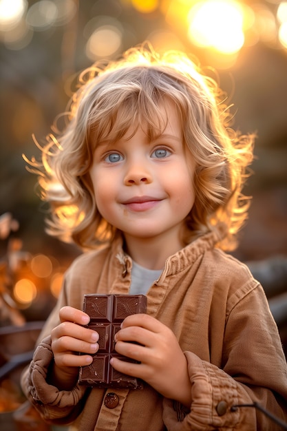 Foto gratuita retrato de un niño feliz comiendo un delicioso chocolate