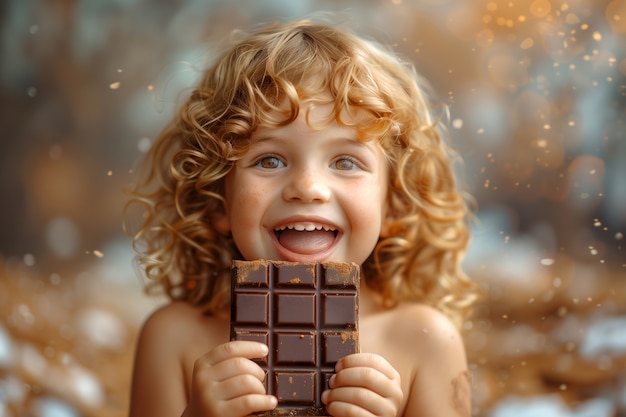 Retrato de un niño feliz comiendo un delicioso chocolate