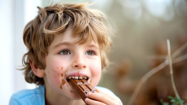 Retrato de un niño feliz comiendo un delicioso chocolate