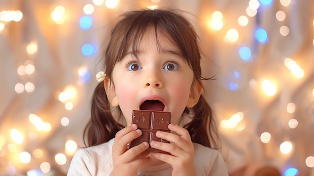 Retrato de un niño feliz comiendo un delicioso chocolate