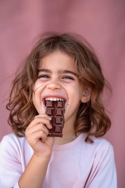 Retrato de un niño feliz comiendo un delicioso chocolate