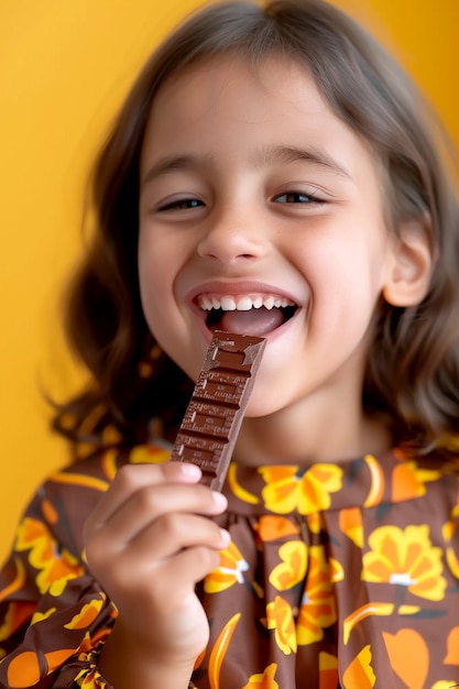 Foto gratuita retrato de un niño feliz comiendo un delicioso chocolate