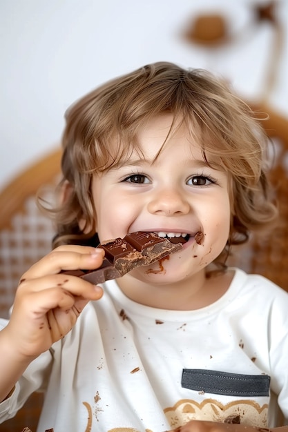 Retrato de un niño feliz comiendo un delicioso chocolate